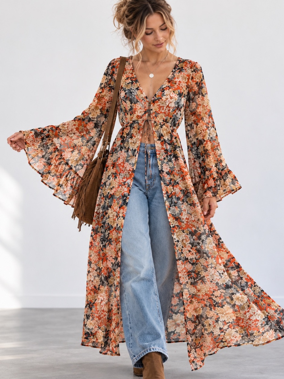 Boho Floral Chiffon Empire Waist Duster Dress